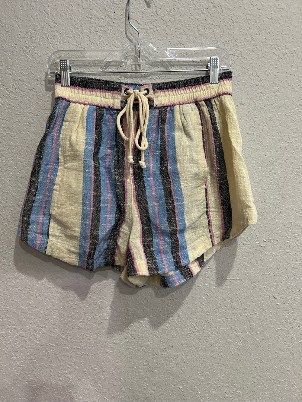 Free People Striped Drawstring Shorts in Cream, Blue & Pink